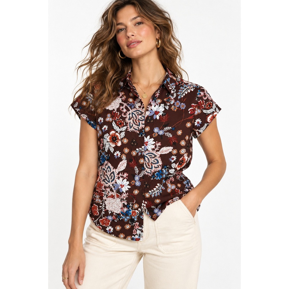 Sugarlips Holli Button Down Blouse Women Size Medium Brown‎ Floral Paisley NWT